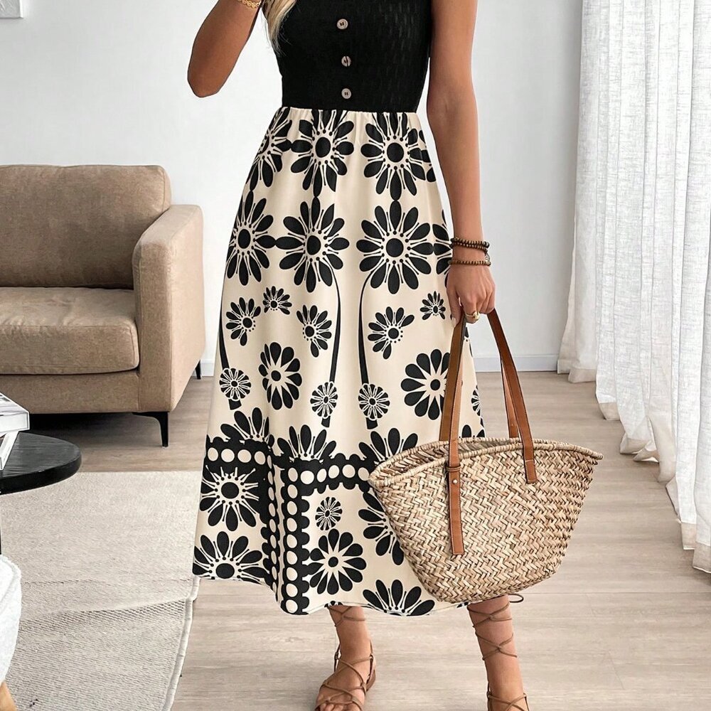 Black And White Women's Boho Floral Sleeveless Bodycon Dress
